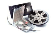 a video cassette tape, a DVD in a holder, and a movie film reel on a white background